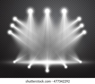 Realistic Stage Lighting Vector Background. Group Of Bright Projectors Isolated On Checkered Backdrop. Special Light Effect With Transparency