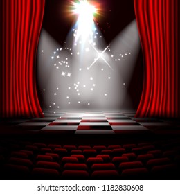 Realistic Stage Ready for Presentation, Show or Play. Red Curtains, Empty Places & Spot Lights. Vector Illustration