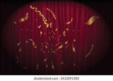 Realistic stage or signboard and golden foil confetti against a red curtain background