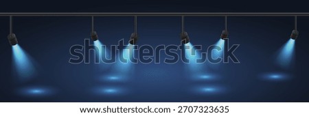 Realistic stage spotlights with beams of light shining on a transparent background.