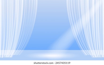 Realistic stage with transparent curtains and light beam