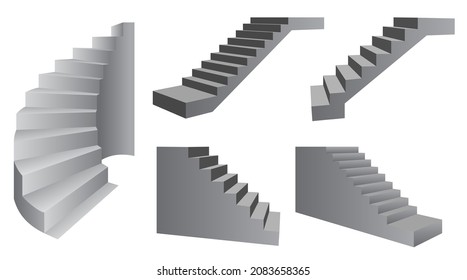 realistische Treppenhäuser, Vorderansicht, graue Stufen für die Fußbodenvektorvorlage einzeln auf weißem Hintergrund, Abbildung von Treppen von der Seite.