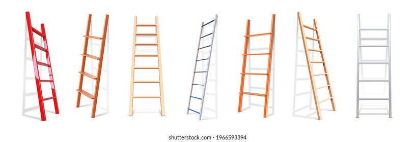 Realistic stairs  3D staircase lean wall  Isolated construction stepladder  Metal wooden ladder set and shadow  Household tools for repairs   building  Vector work equipment