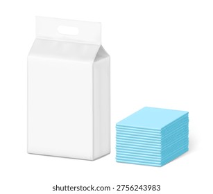 Realistic stand bag with changing mats stack mockup. Half side view. Vector illustration isolated on white background. Suite for the presentation of diapers, wet wipes, pants changing mats. EPS10.