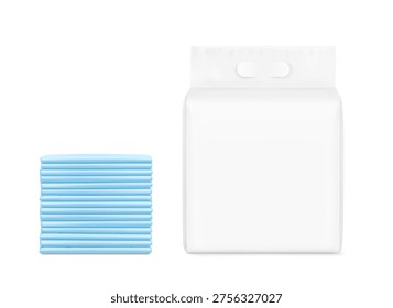 Realistic stand bag with changing mats stack mockup. Front view. Vector illustration isolated on white background. Suite for the presentation of diapers, wet wipes, pants changing mats. EPS10.