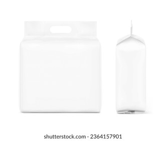 Realistic stand bag with hole handle mockup.Front, side view. Vector illustration isolated on white background. Ready for your design. Suite for the presentation of diaper,  foods, wet wipe.