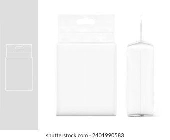 Realistic stand bag with hole handle mockup. Front and side view. Vector illustration isolated on white background. Ready for your design. Suite for the presentation of diaper, foods, wet wipe. EPS10.