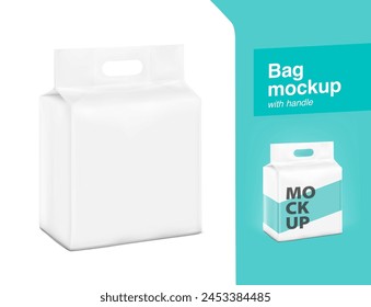 Realistic stand bag with hole handle mockup. Half side view. Vector illustration isolated on white background. Ready for your design. Suite for the presentation of diaper, foods, wet wipes. EPS10.