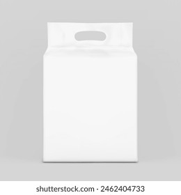 Realistic stand bag with hole handle mockup. Front view. Vector illustration isolated on grey background. Ready for your design. Suite for the presentation of diaper, foods, wet wipes. EPS10.