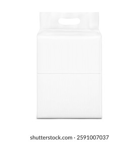 Realistic stand bag with hole handle mockup. Front  view. Vector illustration isolated on white background. Suite for the presentation of diapers, wet wipes, pants changing mats.EPS10.