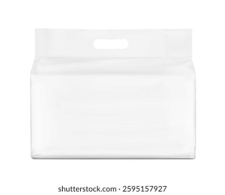 Realistic stand bag with hole handle mockup. Front view. Vector illustration isolated on white background. Suite for the presentation of diapers, wet wipes, pants changing mats. EPS10.