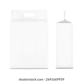 Realistic stand bag with hole handle mockup. Front and side view. Vector illustration isolated on white background. Suite for the presentation of diapers, wet wipes, pants, changing mats EPS10.