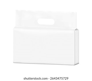 Realistic stand bag with hole handle mockup. Half side view. Vector illustration isolated on white background. Suite for the presentation of diapers, wet wipes, pants, changing mats EPS10.