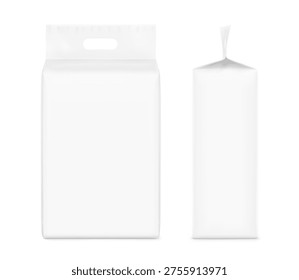 Realistic stand bag with hole handle mockup. Front and side views. Vector illustration isolated on white background. Suite for the presentation of diapers, wet wipes, pants changing mats. EPS10.