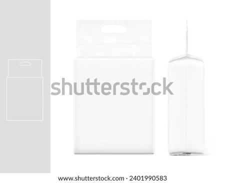 Realistic stand bag with hole handle mockup. Front and side view. Vector illustration isolated on white background. Ready for your design. Suite for the presentation of diaper, foods, wet wipe. EPS10.