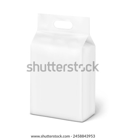 Realistic stand bag with hole handle mockup. Half side view. Vector illustration isolated on white background. Ready for your design. Suite for the presentation of diaper, wet wipes. EPS10.
