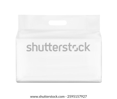 Realistic stand bag with hole handle mockup. Front view. Vector illustration isolated on white background. Suite for the presentation of diapers, wet wipes, pants changing mats. EPS10.