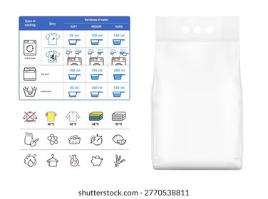 Realistic stand bag with three hole handle for powder laundry detergent mockup with icon set.Vector illustration on white background. Can be use for your design, packaging, presentation. EPS10.