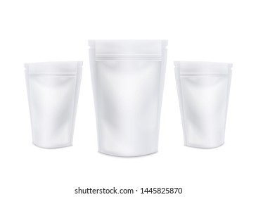 Realistic stand up coffee pouch mockup set, blank sealed white plastic bag collection for tea or spices, empty template for company branding, isolated vector illustration on white background