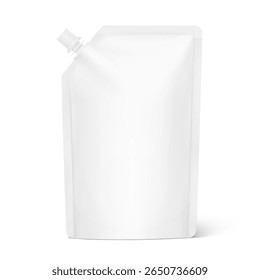 Realistic stand pouch bag with corner spout mockup. Vector illustration isolated on white background. Front view. Can be use for template your design, presentation, promo, ad. EPS10.