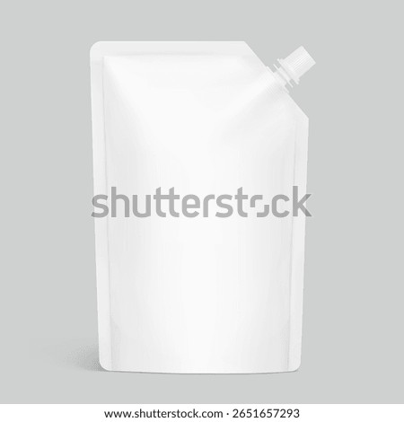 Realistic stand pouch bag with corner spout mockup. Vector illustration isolated on grey background. Front view. Can be use for template your design, presentation, promo, ad. EPS10.
