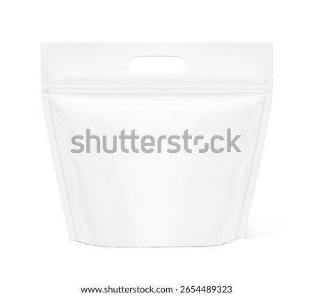 Realistic stand up pouch bag with handle mockup with shadow. Front view. Vector illustration isolated on white background. Easy to make a realistic mockup of your product. EPS10.