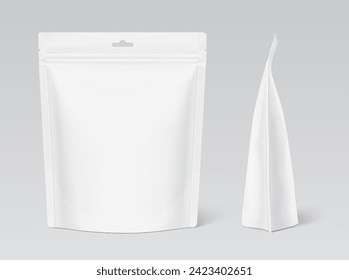 Realistic stand up pouch bag with hang slot  mockup with shadow. Vector illustration isolated on grey background. Easy to make a realistic mockup of your product. EPS10.