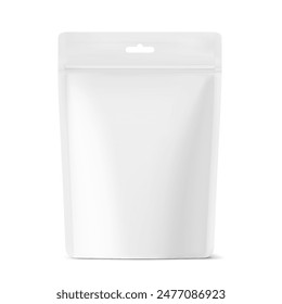 Realistic stand up pouch bag with hang slot and zip lock mockup. Front view. Vector illustration isolated on white background. Ready for your design. EPS10.	