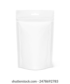 Realistic stand up pouch bag with hang slot and zip lock mockup. Front view. Vector illustration isolated on white background. Ready for your design. EPS10.	