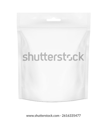 Realistic stand up pouch bag with hang slot mockup. Front view. Vector illustration isolated on white background. Ready for your design. EPS10.