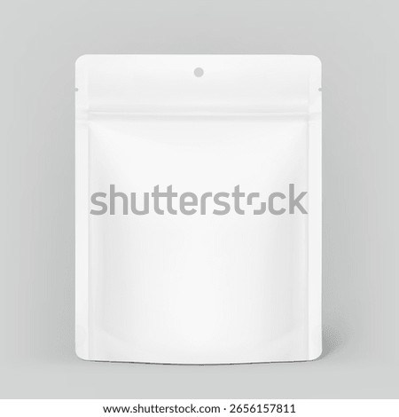 Realistic stand up pouch bag with hole slot mockup. Front view. Vector illustration isolated on grey background. Ready for your design. EPS10.