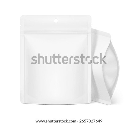 Realistic stand up pouch bag with hole slot mockup. Front view. Vector illustration isolated on white background. Ready for your design. EPS10.