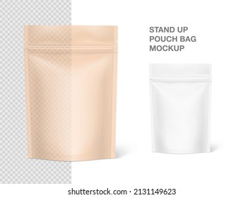 Realistic stand up pouch bag mockup isolated on white background. Vector illustration. Front view. Perfect for presentation your product. EPS10.	