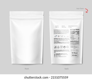 Realistic stand up pouch bag mockup. Vector illustration on grey background. Front and rear view. Perfect for presentation your product. EPS10.	