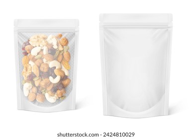 Realistic stand up pouch bag mockup with shadow. Vector illustration isolated on white background. Easy to make a realistic mockup of your product. EPS10.