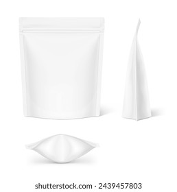 Realistic stand up pouch bag mockup with transparent shadow. Front, side and bottom views. Vector illustration isolated on white background. Ready for your design. EPS10.