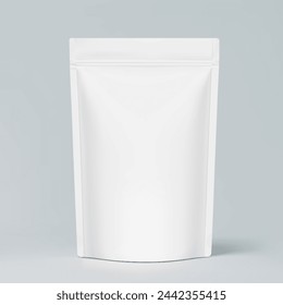 Realistic stand up pouch bag mockup with transparent shadow. Front view. Vector illustration isolated on grey background. Ready for your design. EPS10.