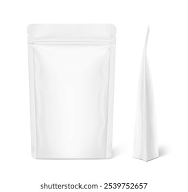 Realistic stand up pouch bag mockup with transparent shadow. Front and side views. Vector illustration isolated on white background. Ready for your design. EPS10.	