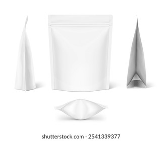 Realistic stand up pouch bag mockup with transparent shadow. Front, side, bottom and sectional views. Vector illustration isolated on white background. Ready for your design. EPS10.