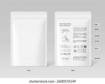Realistic stand up pouch bag mockup with information. Front and back view. Vector illustration isolated on grey background. Ready for your design. EPS10.