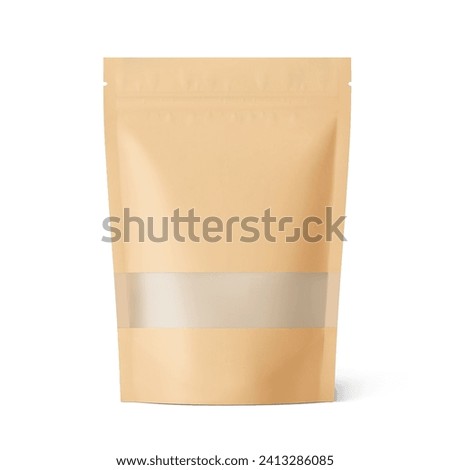 Realistic stand up pouch bag mockup with clear window. Vector illustration isolated on grey background. Easy to make a realistic mockup of your product. EPS10.