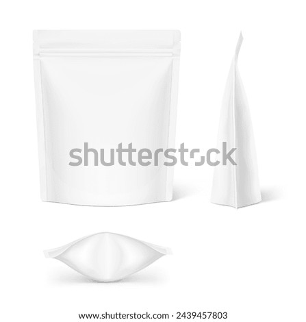 Realistic stand up pouch bag mockup with transparent shadow. Front, side and bottom views. Vector illustration isolated on white background. Ready for your design. EPS10.