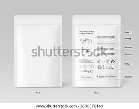 Realistic stand up pouch bag mockup with information. Front and back view. Vector illustration isolated on grey background. Ready for your design. EPS10.