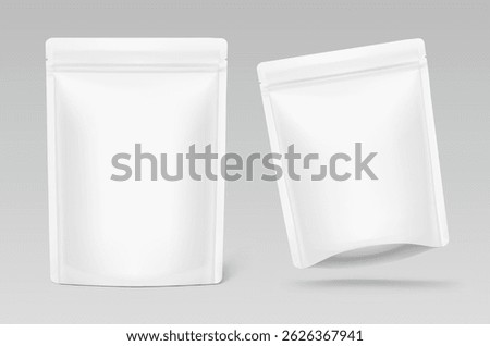 Realistic stand up pouch bag mockup with transparent shadow. Front view. Vector illustration isolated on grey background. Ready for your design. EPS10.