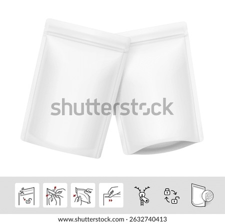 Realistic stand up pouch bag mockup with set icons. Vector illustration isolated on white background. Ready for your design. EPS10.