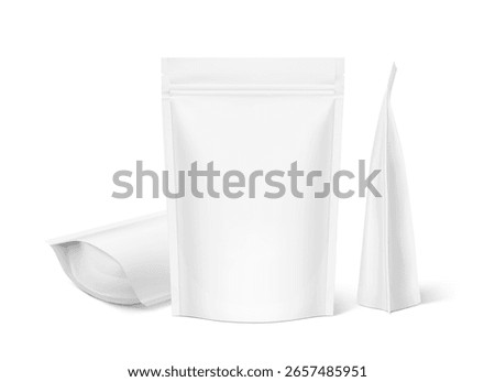 Realistic stand up pouch bag mockup with transparent shadow. Vector illustration isolated on white background. Ready for your design. EPS10.