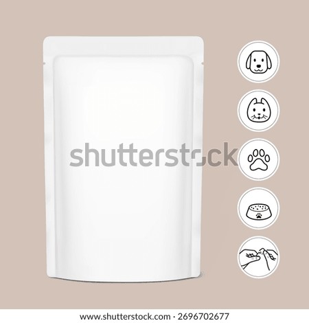 Realistic stand up pouch bag mockup for pet food with set icons. Front view. Vector illustration on colour background. Ready for your design. EPS10.