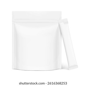 Realistic stand up pouch bag  with stick mockup set. Vector illustration isolated on white background. Can be use for template your design, presentation. EPS10.