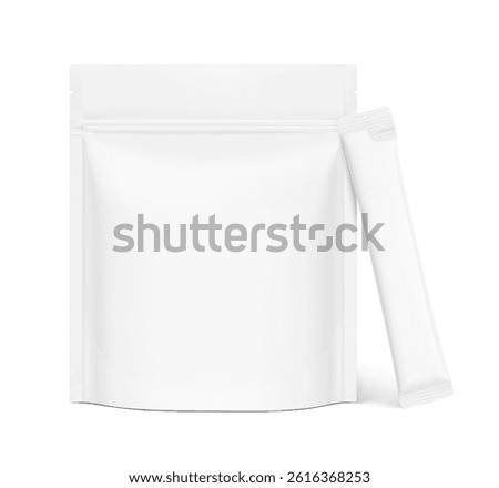 Realistic stand up pouch bag  with stick mockup set. Vector illustration isolated on white background. Can be use for template your design, presentation. EPS10.