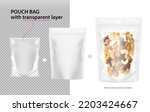 Realistic stand up pouch bag with transparent layer mockup with nuts fill. Vector illustration isolated on white background. Perfect for presentation your product. EPS10. 